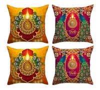 Diwali Throw Pillow Covers 18x18 Set of 4 Diwali Light Diyas Peacock Pillow Case Diwali Decor Indian Diwali Decorations and Supplies for Home