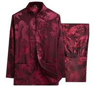 Diwimiki Chinese Tang Suit for Men Kung Fu Uniform Shirt and Pants Traditional Clothes Hanfu Tai Chi Clothes, Dark Red, XL