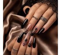 Dixiwuje Long Coffin Press On Nails Black Gothic Rose 24Pcs | Long Coffin Glue Press On Nails Gothic Black Rose Design ABS Acrylic 24Pcs Full Cover Salon Quality Easy DIY Nail Set