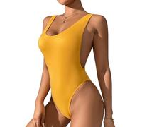 Dixperfect 90s Trend One Piece Swimsuit Low Cut Sides Wide Straps High Legs for Women, Primrose Yellow, Medium