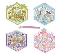 DIY 3D House Sticker, 4 Pcs 3D Stickers Miniature Simulated Cabin Scene, Cute Cartoon Fun Restaurant Cosy Cottage Scenery Stickers with 2 Tweezers for Girls Kids Adults Relieve Stress Pass The Time