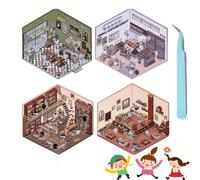 DIY 3D House Stickers, 4 Sets 3D Sticker Scene, Room Sticker Book for Kid Adults, Cartoon Miniature Cabin Scene Stickers, Make Your Own Supermarket/Coffee Shop/Restaurant/Bookstore (4 Sets-C)