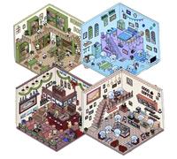 DIY 3D House Stickers 4 Sets Fun 3D Stickers Isometric Room Sticker Scene Loft, Coffee Shop, Bookstore, Sushi Spinnery Sticker for Adults Kids Relief Stress