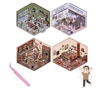 DIY 3D House Stickers, 4sets 3D House Stickers DIY, Fun DIY Stickers Scene, 3D Miniature Scene Stickers, Cute Korean Cartoon Sticker Scenes for Adults (A)