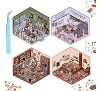 DIY 3D House Stickers, DIY 3D Sticker Scene, Fun DIY Stickers Scene, Cute Korean Cartoon Scene Stickers, Relief Stress Pass The Time, Make Your Own Supermarket|Coffee Shop|Restaurant|Bookstore (4Pcs)