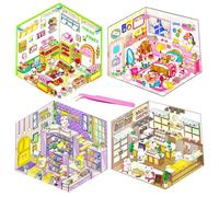 DIY 3D House Stickers Kit 4 Sets Non-Toxic & Safe 3D Miniature Scene Therapy for Kids and Adults, Stress Relief Sticker Scenes with Tweezers Creative Fun & Reusable DIY Sticker Therapy Kit for Age 3+