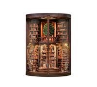 DIY 3D Wooden Book Nook Bookend Kit with LED Light, Miniature Cottage Bookshelf Model, Wooden Assembly Decor Gift AH01-005(Wisdom Rings Library)