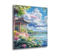 DIY 5D Diamond Art Kits Adults, Full Drill Round Drill Diamond Painting Lake Lotus Pattern Design, Crystal Art Kits Handmade Crafts, Gem Painting Suitable for Home Living Room Decor 30x40cm e-365