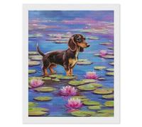 DIY 5D Diamond Painting A Charming Dachshund Standing Amidst Vibrant Water Lilies. Diamond Embroidery Cross Stitch Full Round Drill Mosaic Art Decor16 x20