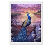 DIY 5D Diamond Painting A Peacock Standing on A Wooden Dock by The Lake at Sunset Diamond Embroidery Cross Stitch Full Round Drill Mosaic Art Decor12 x16