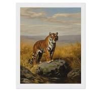 DIY 5D Diamond Painting A Tiger Standing on A Rock in The Grassland Diamond Embroidery Cross Stitch Full Round Drill Mosaic Art Decor16 x20