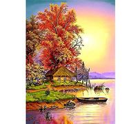 DIY 5D Diamond Painting by Numbers Kits, Cabin by The Lake, Boat Tree Sunset Landscape, Full Drill Rhinestones Paint with Diamonds Crystal Diamond Art (Cabin)