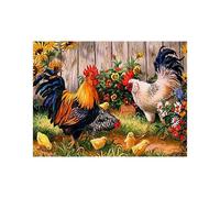 DIY 5D Diamond Painting Kit: Rooster and Hen Chicks Embroidery on Canvas Wall Decor, Full Drill, Round Diamonds, 30x40 cm (25x35 cm Picture)