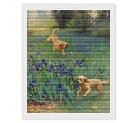 DIY 5D Diamond Painting Three Adorable Puppies Playfully Chase A Butterfly Among Vibrant Purple Flowers in A Lush Garden. Diamond Embroidery Cross Stitch Full Round Drill Mosaic Art Decor16 x20