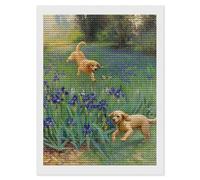 DIY 5D Diamond Painting Three Adorable Puppies Playfully Chase A Butterfly Among Vibrant Purple Flowers in A Lush Garden. Diamond Embroidery Cross Stitch Full Round Drill Mosaic Art Decor12 x16