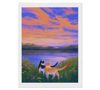 DIY 5D Diamond Painting Two Cats Standing in A Field of Flowers, Watching The Sunset. Diamond Embroidery Cross Stitch Full Round Drill Mosaic Art Decor12 x16