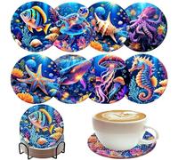 DIY 8 Pcs Diamond Painting Coasters Kit with Holder, Abstract Diamond Art Coasters Kits Acrylic for Beginners, Adults Art Craft Supplies (Coral)