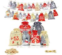 DIY Advent Calendar 2025,Christmas Empty Advent Calendar Bags to Fill Yourself,24Pcs Christmas Drawstring Gift Bags with Clips,Reusable Fabric Personalised Make Your Own Advent Calendar Kit for Kids