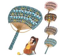 DIY Bamboo Woven Fan Making Kit, Boho Macrame Craft Set with Patterned Ribbon & Pom Poms, Handmade Ethnic Fans for Wall Decor (Medium,Blue)