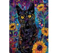 DIY Beaded Embroidery Kits Black Cat Animal and Sunflower Flowers DIY Beaded Stitching Stamped Bead Cross Stitch Kit Gift for Friends 60x80cm