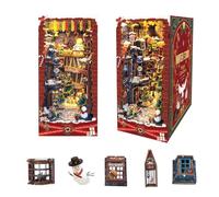 DIY Book Nook kit, Christmas Style DIY Toy House Book Nook Bookshelf Insert Decoration, 3D Wooden Puzzle with LED dust Cover, Book Nook Mini kit, Teenage Birthday Christmas Adult Home Decoration