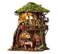 DIY Book Nook Kit, Enchanted Forest Tree House Miniature House, Wooden Craft Building Set with Touch LED Light, Bookshelf Insert Decor, Creative Gift
