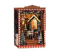 DIY Book Nook Kit Miniature - Snow Realm Wei Pavilion Wooden Bookends Building Model Puzzle with LED Light, Christmas-Themed 3D Craft for Teens & Adults, (4.7×4.1×6.9in)