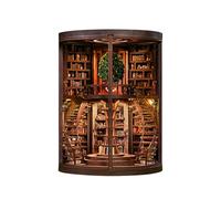 DIY Book Nook Kit with Wisdom Rings Wooden Miniature Bookend & 3D Puzzle with LED Light Birthday Gift for Book Lovers Wisdom Ring Library