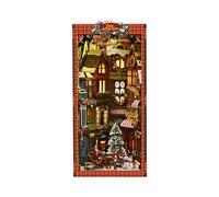 DIY Bookend Cottage with LED Light, 3D Wooden Miniature Cottage Model, DIY Creative Handecraft Book Nook Model Gift for Adults Hobbyist (Christmas Street Corner)