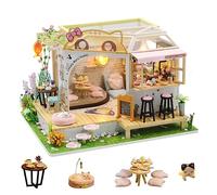 DIY Cat Cafe Dollhouse Miniature Kit Cat Coffee Shop 3D Model Kits Wooden Dolls House Furniture Lights Accessories Birthday For Kid Boys Girls