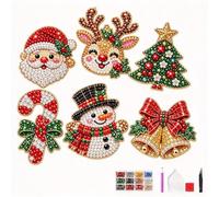 DIY Christmas Diamond Brooch Kit with 6 Designs | Sparkling Wearable Diamond Painting Craft with Santa Reindeer Snowman Tree, Complete Full Drill Tool Included, Gift for Adult