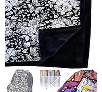 DIY Coloring Blanket, Coloring Blankets for Adults, Color Your Own Blankets, Creative Personalized Drawing Art Project, Soft Cozy Fleece Drawing Throw Bedroom Decor (Flower, Without Pens)