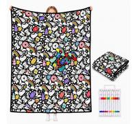 DIY Colouring Blanket for Adults with 24 Colour Markers, Colour Your Own Throw Blanket, Fun Creative Stress Relief Activity, Home Decor Perfect Birthday Gifts for Women Friends Family (Rainbows)