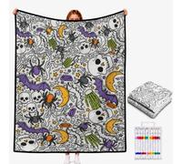 DIY Colouring Blanket for Adults with 24 Colour Markers, Colour Your Own Throw Blanket, Fun Creative Stress Relief Activity, Home Decor Perfect Birthday Gifts for Women Friends Family (Skeleton)