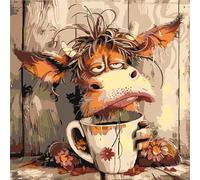 DIY Cow Drinking Coffee Paint by Numbers Kits Drawing Paintwork on Canvas 20x20cm with Frame Canvas Oil Painting Number Painting for Adults Wall Home Decor