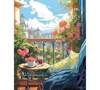 DIY Cross Stitch 11CT Embroidery Kits,Coffee Table on The Balcony,Needlework Craft Set Printed Canvas Cotton Thread Home Decoration for Wall,16x20in