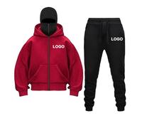 DIY Customizable Hoodie Set Balaclava Double Hooded Fleece Zip Jacket Wind-Resistant Lightweight Fleece Two-Piece Outfit for Men & Women | Casual Solid Color Tracksuit (S-XXL) Deep Red