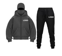 DIY Customizable Hoodie Set Balaclava Double Hooded Fleece Zip Jacket Wind-Resistant Lightweight Fleece Two-Piece Outfit for Men & Women | Casual Solid Color Tracksuit (S-XXL) Dark Gray