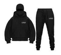 DIY Customizable Hoodie Set Balaclava Double Hooded Fleece Zip Jacket Wind-Resistant Lightweight Fleece Two-Piece Outfit for Men & Women | Casual Solid Color Tracksuit (S-XXL) Black