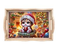 DIY Diamond Art Painting Tray Christmas Diamond Art Painting Tray Handmade Wooden Tray Dinner Plate Tea Coffee Tray for Breakfast, Bar Dinner Table-#19-Cat