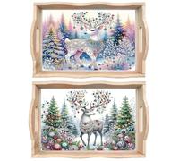 DIY Diamond Art Painting Tray Christmas Diamond Art Painting Tray Handmade Wooden Tray Dinner Plate Tea Coffee Tray for Breakfast, Bar Dinner Table-#11-2PC