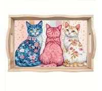 DIY Diamond Art Painting Wooden Tray Kit, Food Trays with Handle Diamond Painted Table Decoration Tray, for Breakfast Bar Dinner Table Gem Painting Art Set for Beginner-Three Cats
