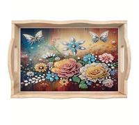 DIY Diamond Art Painting Wooden Tray Kit, Food Trays with Handle Diamond Painted Table Decoration Tray, for Breakfast Bar Dinner Table Gem Painting Art Set for Beginner-Butterfly Flower-1