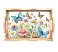 DIY Diamond Art Painting Wooden Tray Kit, Food Trays with Handle Diamond Painted Table Decoration Tray, for Breakfast Bar Dinner Table Gem Painting Art Set for Beginner-Flowers Butterfly
