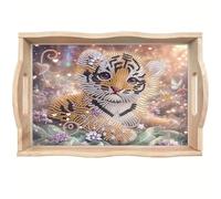 DIY Diamond Art Painting Wooden Tray Kit, Food Trays with Handle Diamond Painted Table Decoration Tray, for Breakfast Bar Dinner Table Gem Painting Art Set for Beginner-Tiger