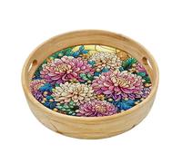 DIY Diamond Art Round Wooden Tray Kit, 10in Food Tray with Handle Diamond Painted Table Decoration Tray, for Breakfast Bar Dinner Table Gem Painting Art Set for Beginner-#02-Chrysanthemum