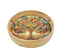 DIY Diamond Art Round Wooden Tray Kit, 10in Food Tray with Handle Diamond Painted Table Decoration Tray, for Breakfast Bar Dinner Table Gem Painting Art Set for Beginner-#09-Golden Tree