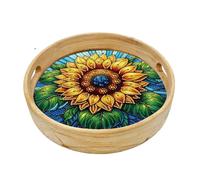 DIY Diamond Art Round Wooden Tray Kit, Food Tray with Handle Diamond Painted Table Decoration Tray, for Breakfast, Bar Dinner Table Diamond Dots Gem Painting Art Set for Beginners-#25-Sunflower-10in