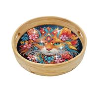 DIY Diamond Art Round Wooden Tray Kit, Food Tray with Handle Diamond Painted Table Decoration Tray, for Breakfast, Bar Dinner Table Diamond Dots Gem Painting Art Set for Beginners-#05-Cat-21.5cm