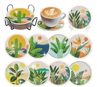 DIY Diamond Painting Coasters Kit, 8Pcs Abstract Landscape Drink Coasters with Holder, Arts & Crafts Set for Adults & Beginners, Stress Relief Handmade Gift for Home & Kitchen (Cactus)